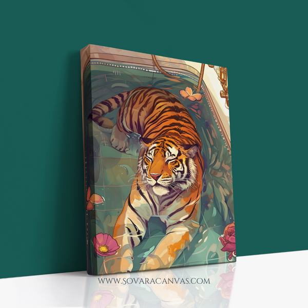 Tiger in Bathtub Canvas Wall Art – Whimsical Animal Decor, Gallery Wrapped, Unique Artwork for Bathroom or Living Room"