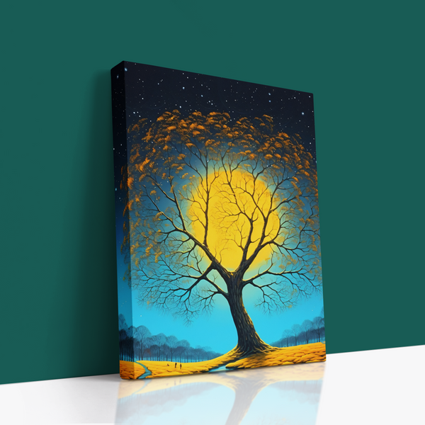 Yellow Moon Behind Tree Canvas Wall Art 🌙✨