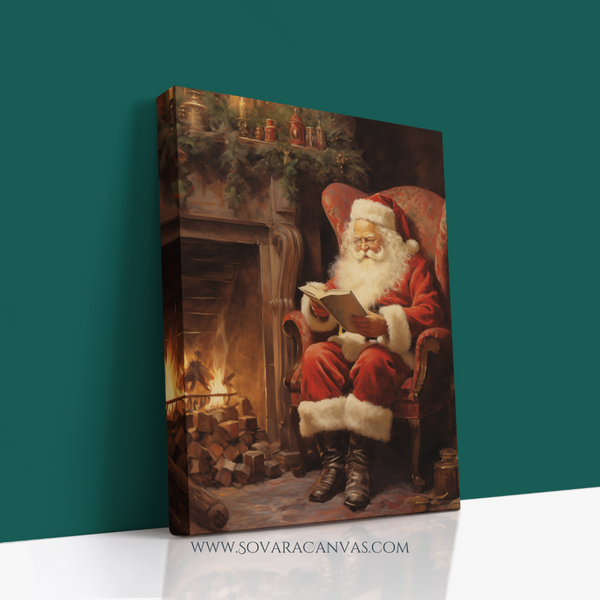 Santa Reading by Fireplace Canvas Wall Art - Cozy Christmas Decor, Holiday Artwork for Home, Festive Wall Hanging, Available in Multiple Sizes